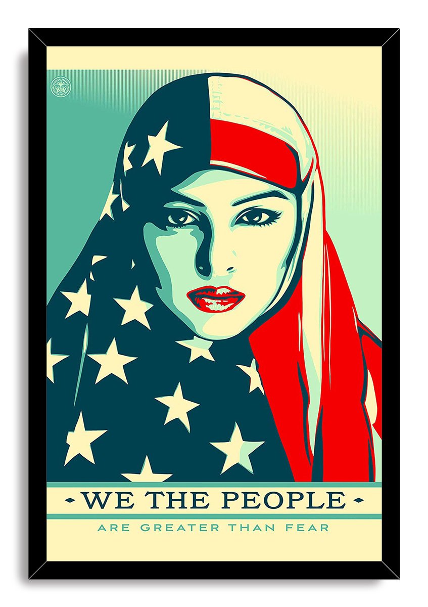 Patriotic woman in hijab framed wall art print in a black frame, featuring American flag-inspired stars and stripes and unity message.