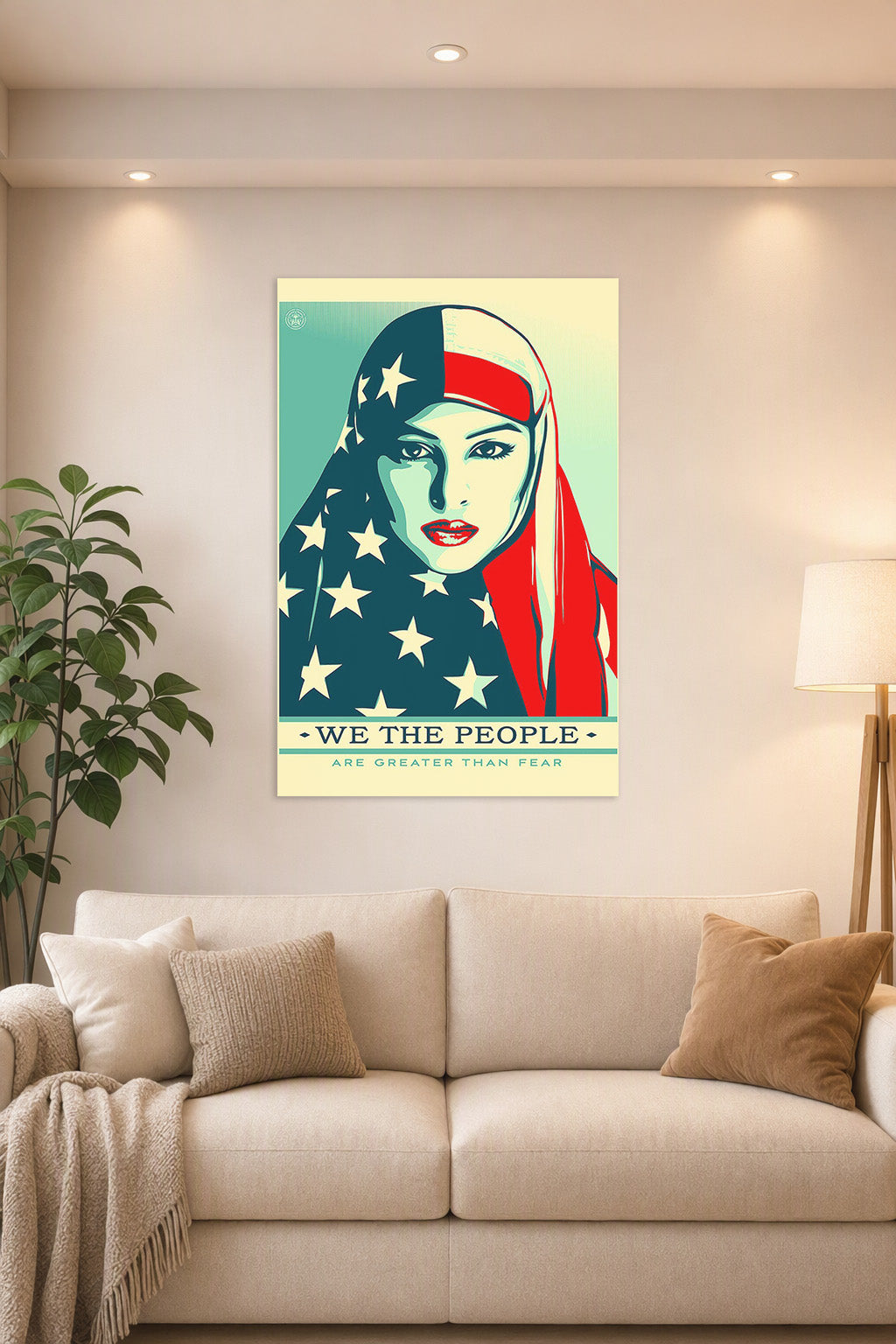 Patriotic Woman in Hijab in a bright living room above a beige sofa.