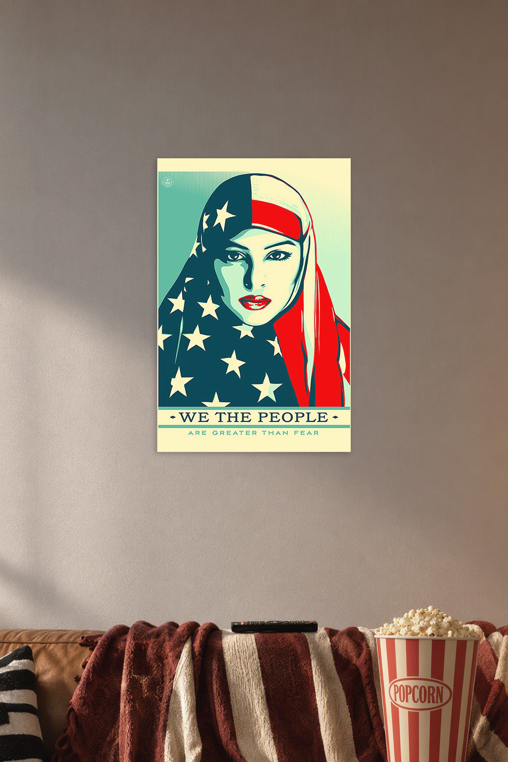 Patriotic Woman in Hijab in a cozy movie room above a brown sofa with popcorn.