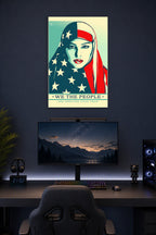 Patriotic Woman in Hijab in a gaming desk setup above a monitor.