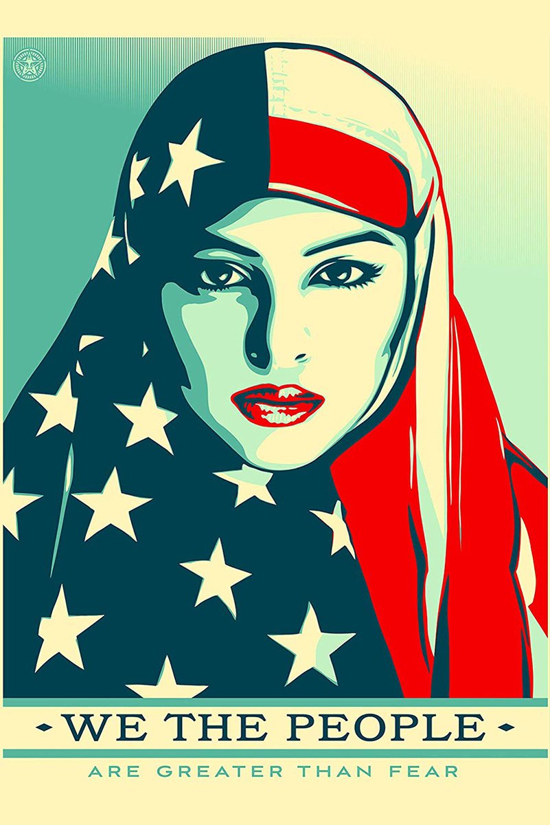 Patriotic woman in hijab wall art print with stars, red stripes, a teal background, and the words “We the People Are Greater Than Fear.