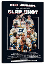 Slap Shot canvas wall art print presents Paul Newman and the Charlestown Chiefs in white hockey uniforms against a dark background.