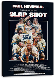 Slap Shot canvas wall art print presents Paul Newman and the Charlestown Chiefs in white hockey uniforms against a dark background.