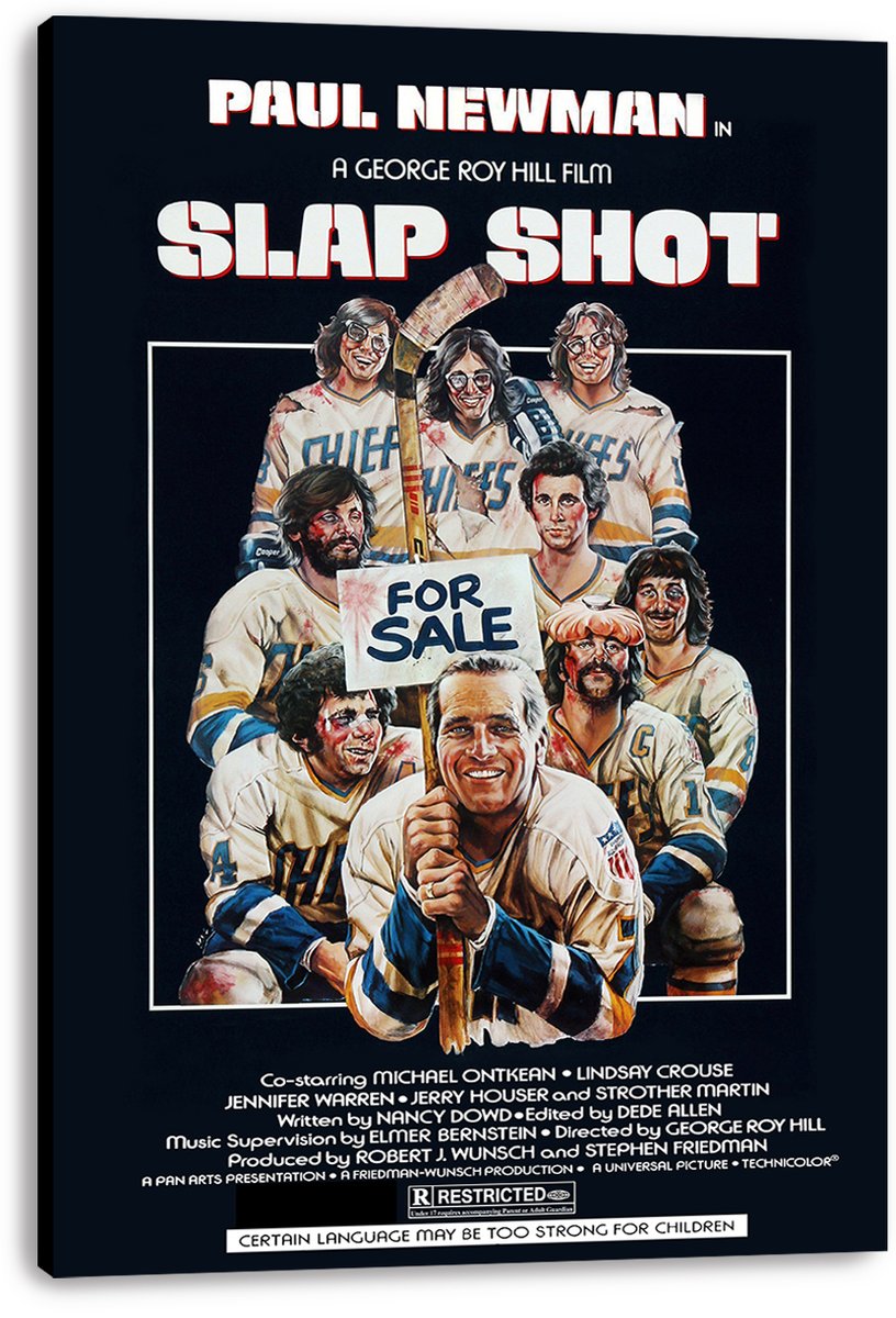 Slap Shot canvas wall art print presents Paul Newman and the Charlestown Chiefs in white hockey uniforms against a dark background.