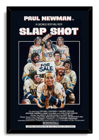 Slap Shot framed wall art print features Paul Newman gripping a hockey stick before his colorful, battered Chiefs teammates.