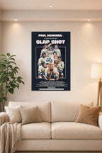 Paul Newman Slap Shot Movie in a bright living room above a beige sofa.
