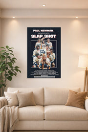 Paul Newman Slap Shot Movie in a bright living room above a beige sofa.