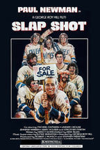 Slap Shot movie poster wall art print features Paul Newman with bruised Charlestown Chiefs players, hockey stick, and For Sale sign.