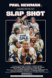 Slap Shot movie poster wall art print features Paul Newman with bruised Charlestown Chiefs players, hockey stick, and For Sale sign.