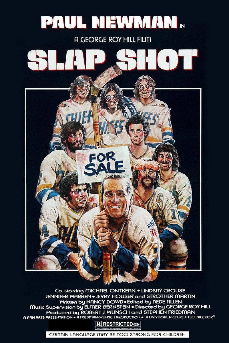 Slap Shot movie poster wall art print features Paul Newman with bruised Charlestown Chiefs players, hockey stick, and For Sale sign.