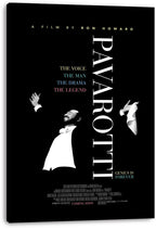 Pavarotti canvas wall art print displays a monochrome conductor-like portrait, vertical title lettering, multicolored tagline, and black wrapped edges.