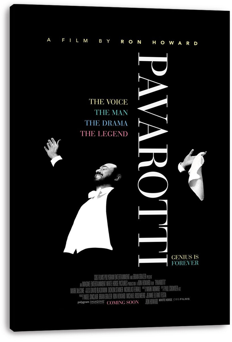 Pavarotti canvas wall art print displays a monochrome conductor-like portrait, vertical title lettering, multicolored tagline, and black wrapped edges.