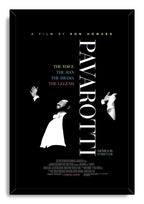 Pavarotti framed wall art print presents the opera singer with uplifted hands, vertical white typography, pastel text, and a black frame.