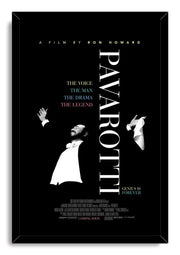 Pavarotti framed wall art print presents the opera singer with uplifted hands, vertical white typography, pastel text, and a black frame.