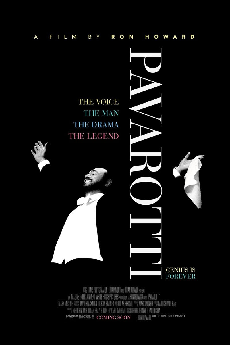 Pavarotti poster features a black-and-white opera singer in formalwear with raised hands, vertical white title text, and colorful tagline.