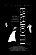 Pavarotti poster features a black-and-white opera singer in formalwear with raised hands, vertical white title text, and colorful tagline.
