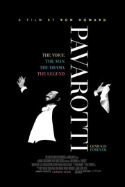 Pavarotti poster features a black-and-white opera singer in formalwear with raised hands, vertical white title text, and colorful tagline.