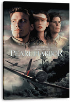 Pearl Harbor wall art print on a thick canvas displays three portraits over aircraft, a naval ship, and smoky battle clouds.