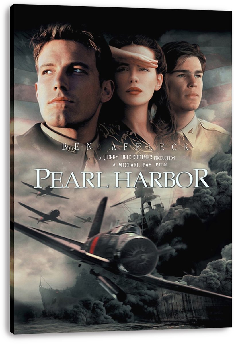 Pearl Harbor wall art print on a thick canvas displays three portraits over aircraft, a naval ship, and smoky battle clouds.