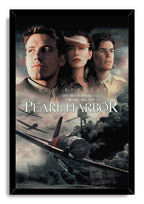 Pearl Harbor framed wall art print presents three faces, soaring fighter planes, a warship, and dark smoke in a black frame.