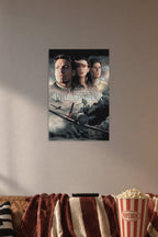 Pearl Harbor Movie Poster in a cozy movie room above a brown sofa with popcorn.