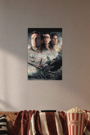 Pearl Harbor Movie Poster in a cozy movie room above a brown sofa with popcorn.