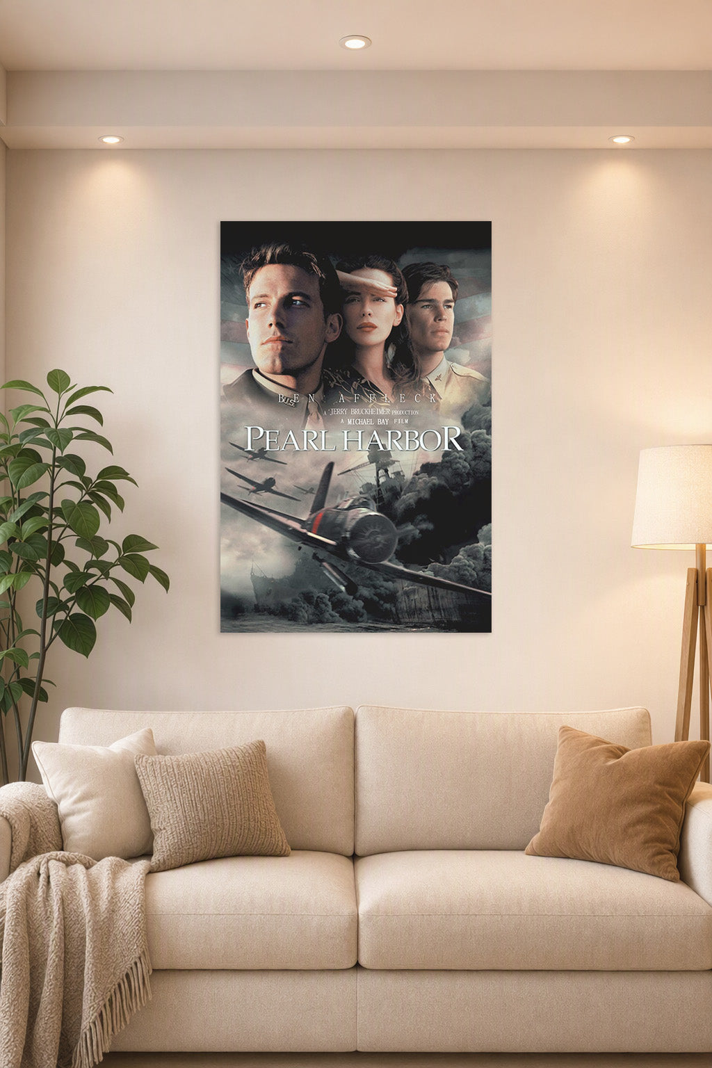 Pearl Harbor Movie Poster in a bright living room above a beige sofa.