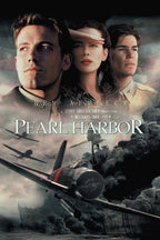 Pearl Harbor movie poster features three character portraits above fighter planes, a warship, and billowing dark smoke.
