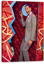 Pee-wee Herman canvas wall art print shows his playful pose in a gray suit against red geometric panels and blue trim.