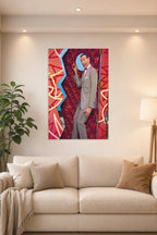 Pee-wee Herman in a bright living room above a beige sofa.