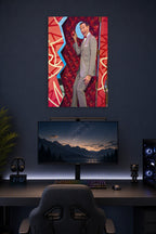 Pee-wee Herman in a gaming desk setup above a monitor.