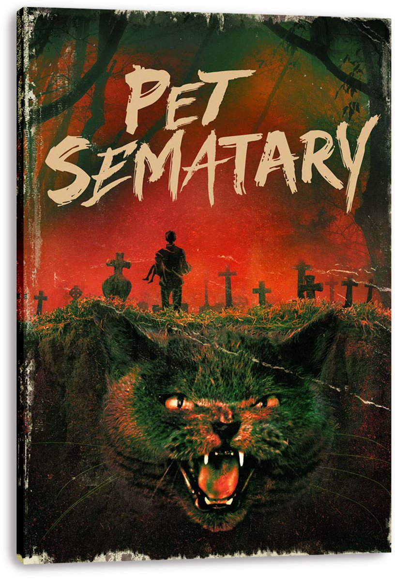 Pet Sematary canvas wall art print featuring a fanged green cat beneath graveyard crosses and distressed cream title text.