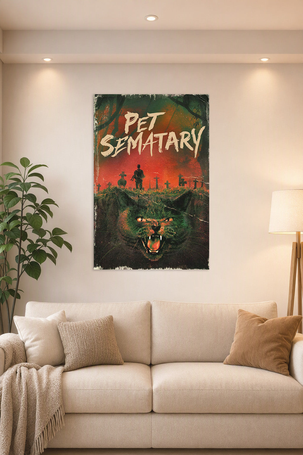 Pet Sematary Horror Film in a bright living room above a beige sofa.