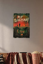 Pet Sematary Horror Film in a cozy movie room above a brown sofa with popcorn.