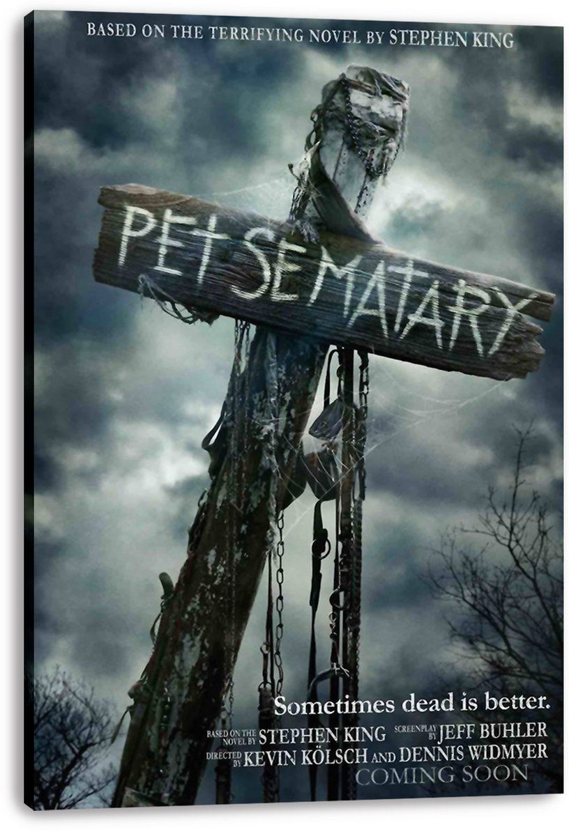 Pet Sematary canvas wall art print featuring a rustic lettered sign, hanging chains, bare trees, and a dark cloudy sky.