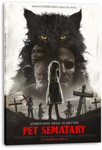 Pet Sematary canvas wall art print featuring a looming black cat, distressed family portraits, graveyard scene, and red film title.