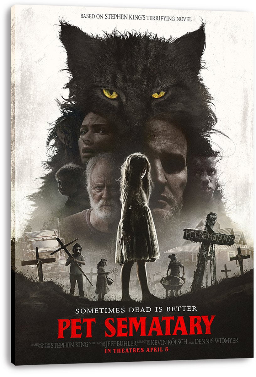 Pet Sematary canvas wall art print featuring a looming black cat, distressed family portraits, graveyard scene, and red film title.