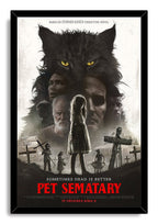 Pet Sematary framed wall art print with black border, yellow-eyed cat, mournful characters, cemetery crosses, and bold red lettering.