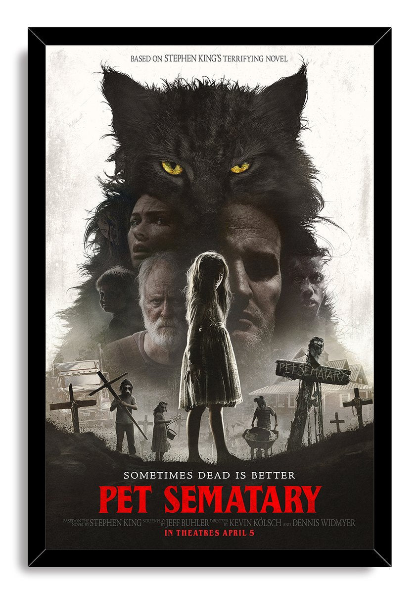 Pet Sematary framed wall art print with black border, yellow-eyed cat, mournful characters, cemetery crosses, and bold red lettering.