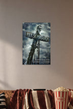 Pet Sematary Movie Poster in a cozy movie room above a brown sofa with popcorn.