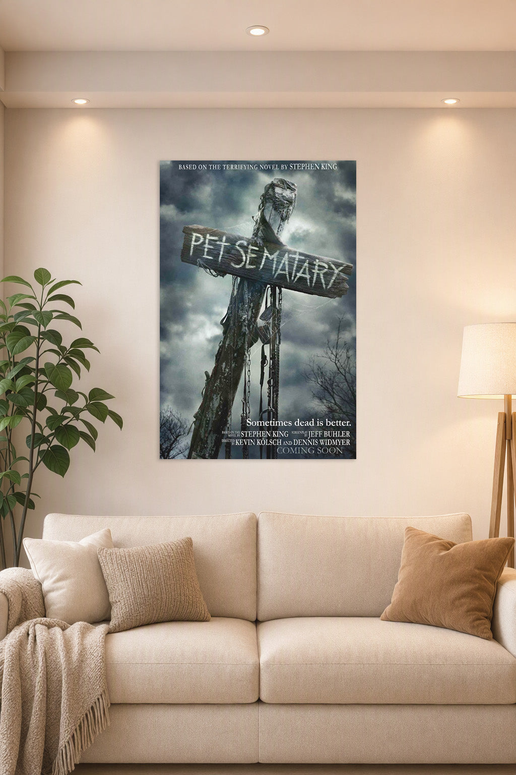 Pet Sematary Movie Poster in a bright living room above a beige sofa.
