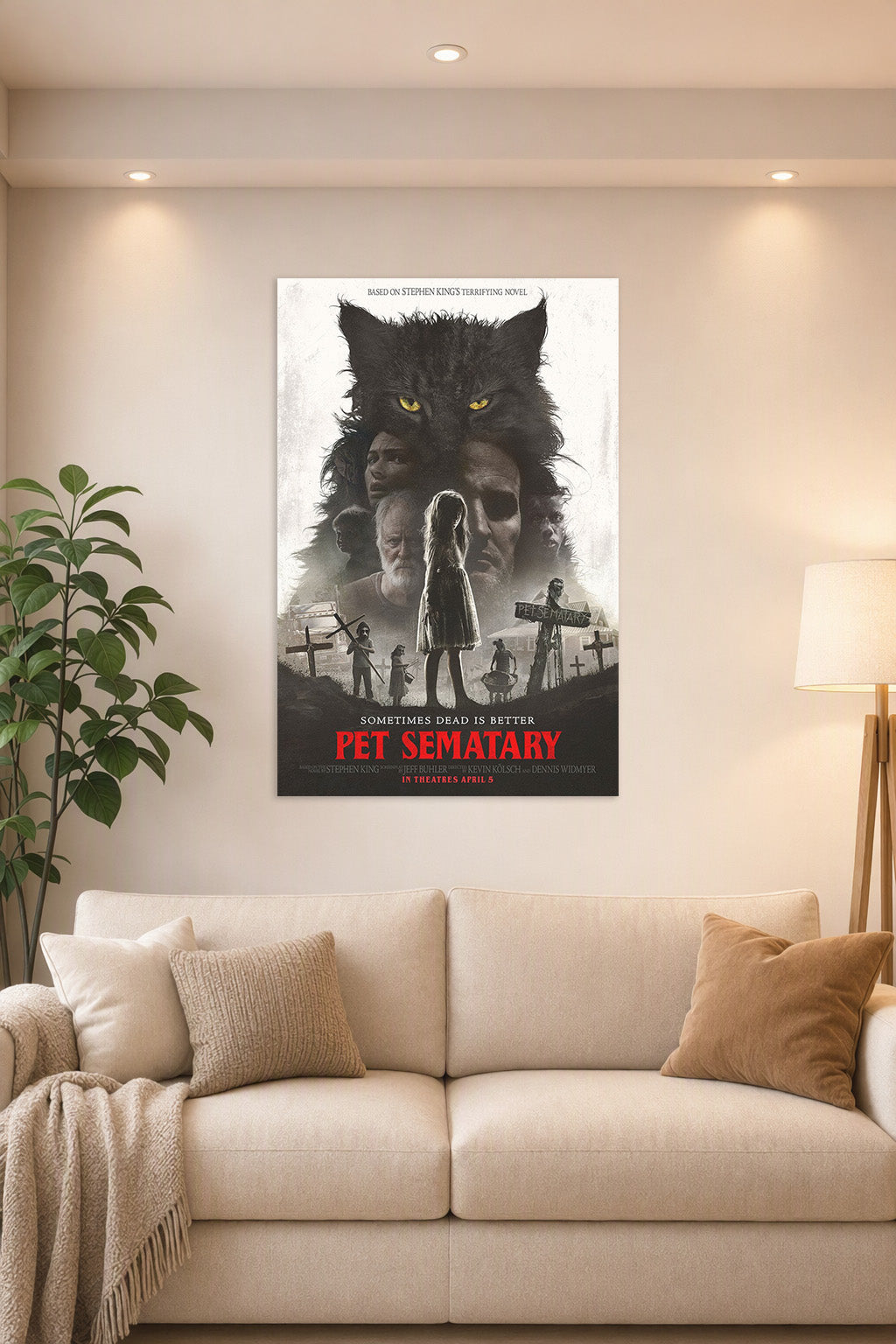 Pet Sematary Movie Poster in a bright living room above a beige sofa.