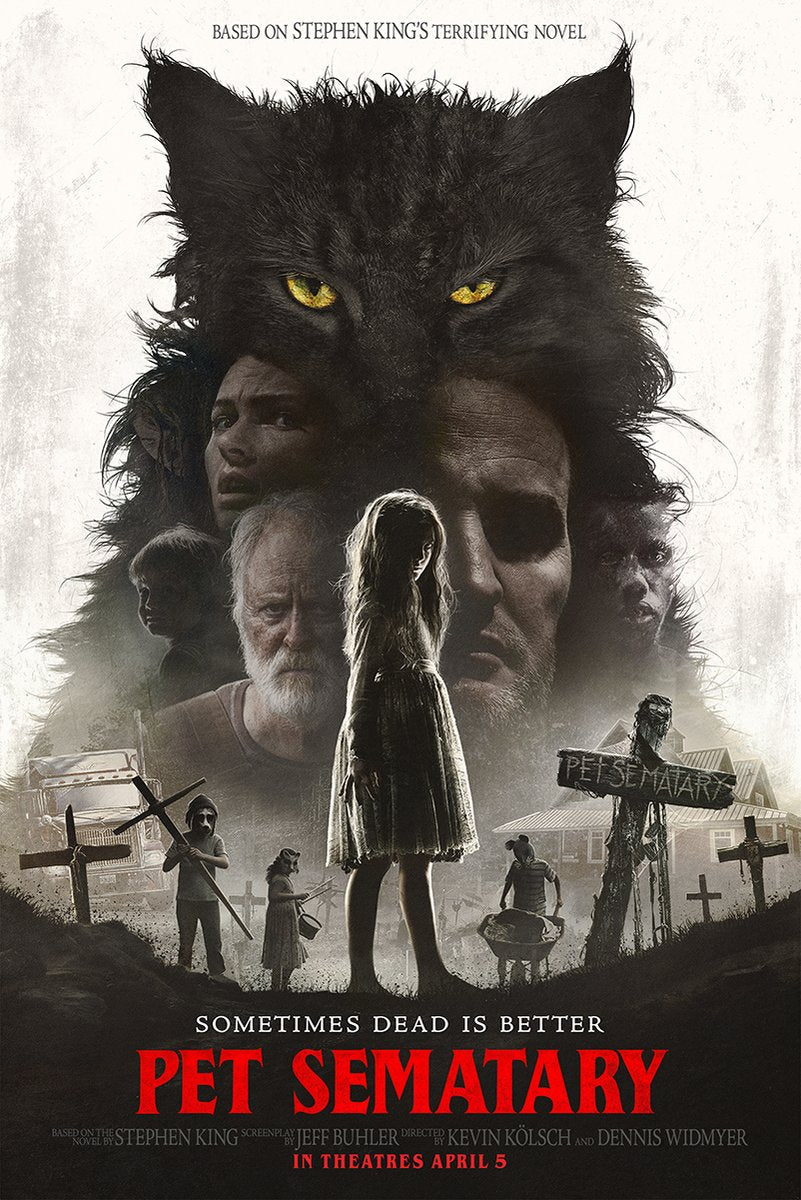 Pet Sematary movie poster wall art print with a black cat, yellow eyes, haunted faces, cemetery crosses, and red title text.