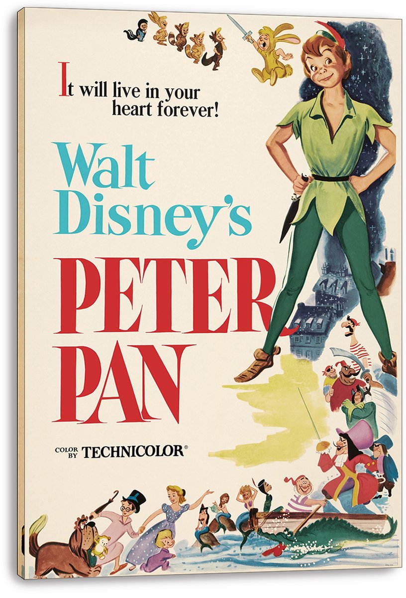 Peter Pan canvas wall art print displays a vintage Disney poster with Peter, Captain Hook, pirates, children, and large red typography.