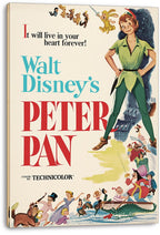 Peter Pan canvas wall art print displays a vintage Disney poster with Peter, Captain Hook, pirates, children, and large red typography.