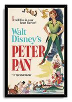Peter Pan framed wall art print presents a vintage Disney poster with Peter in green, Captain Hook, a pirate boat, and children.
