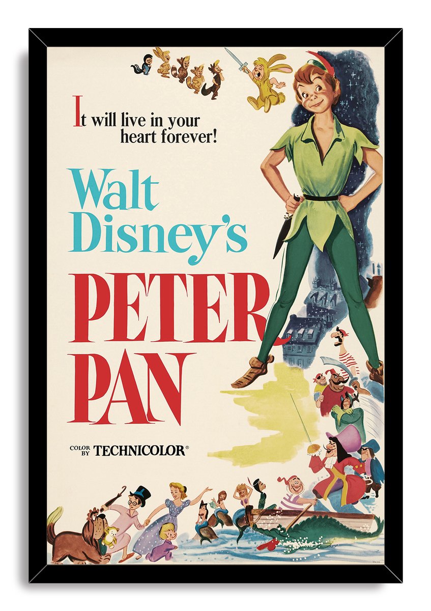 Peter Pan framed wall art print presents a vintage Disney poster with Peter in green, Captain Hook, a pirate boat, and children.