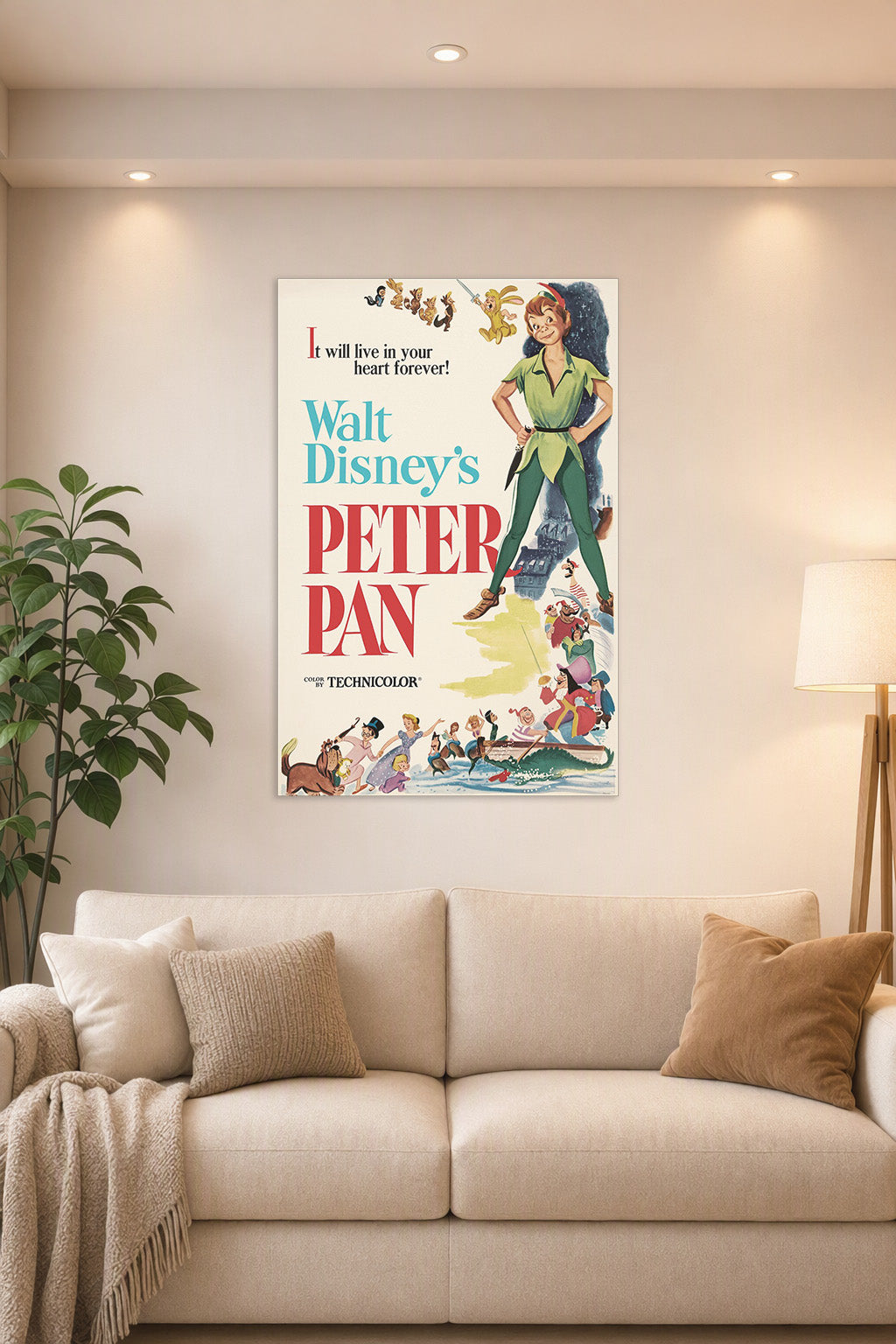 Peter Pan Disney in a bright living room above a beige sofa.