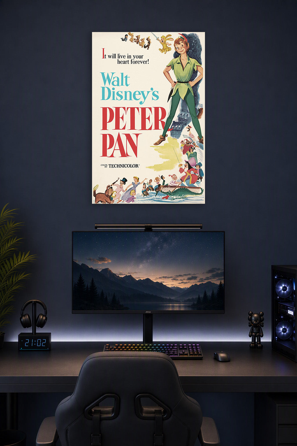 Peter Pan Disney in a gaming desk setup above a monitor.