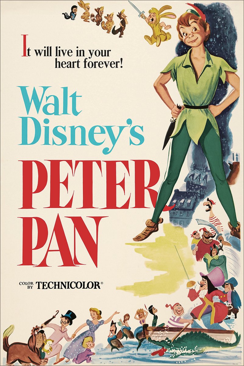 Peter Pan poster features vintage Disney artwork with Peter above bold red title lettering, pirates, children, and a boat.
